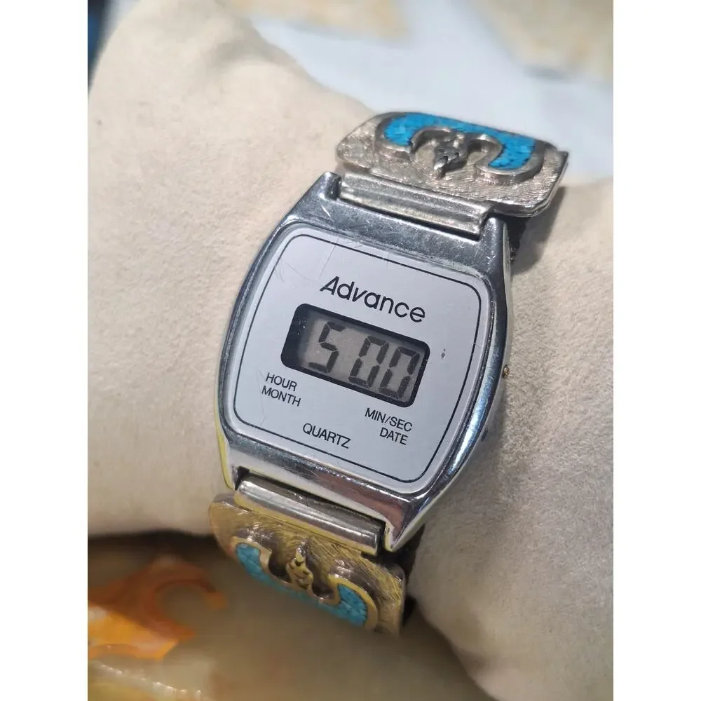 Vintage Advance Digital Watch Southwest Eagle Turquoise Coral Chip Inlay 1970s